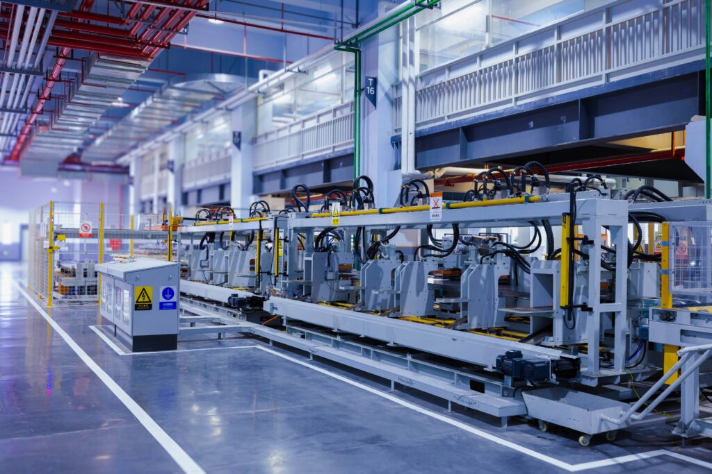 A view of the refrigerator manufacturing plant's fully automated side panel forming line