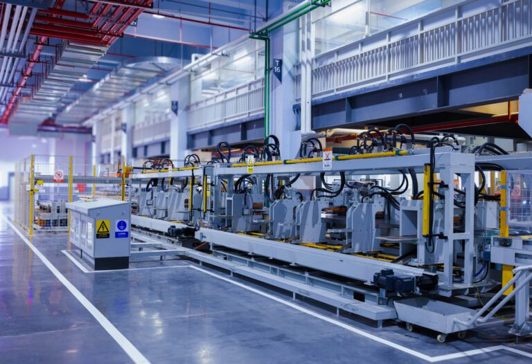 A view of the refrigerator manufacturing plant's fully automated side panel forming line