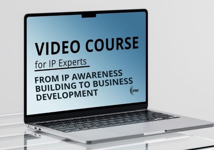 Image of a Laptop depicting content about the video course for IP Experts: From IP Awareness Building to Business Development.