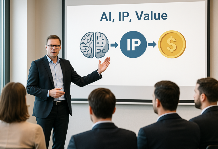 Lecturer presenting the interplay between AI, IP and value.